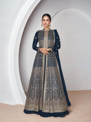 Embroidered Georgette Lehenga in Navy Blue