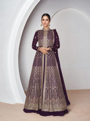 Embroidered Georgette Lehenga in Purple