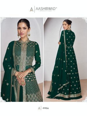 Embroidered Georgette Lehenga in Green