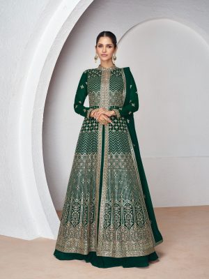 Embroidered Georgette Lehenga in Green