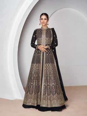 Embroidered Georgette Lehenga in Black